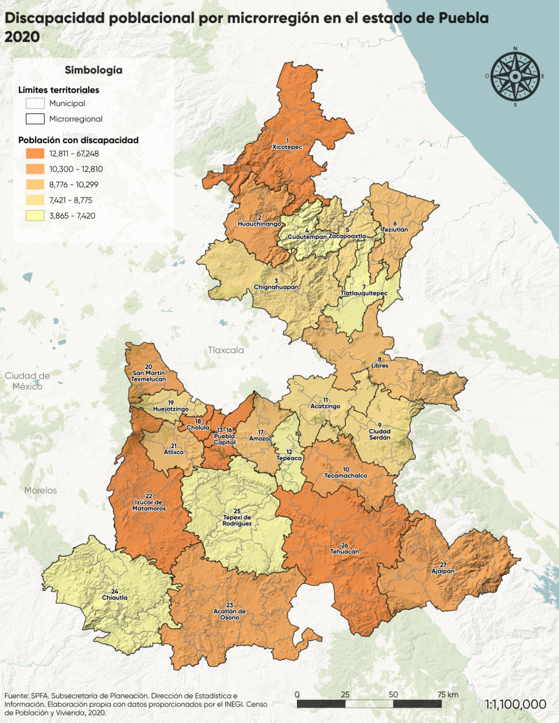 Discapacidad poblacional por microrregión en el estado de Puebla