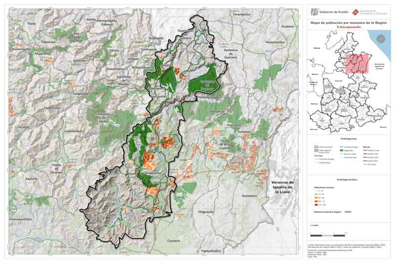 Mapa de población por manzana de la Región 5. Zacapoaxtla 2022-2024